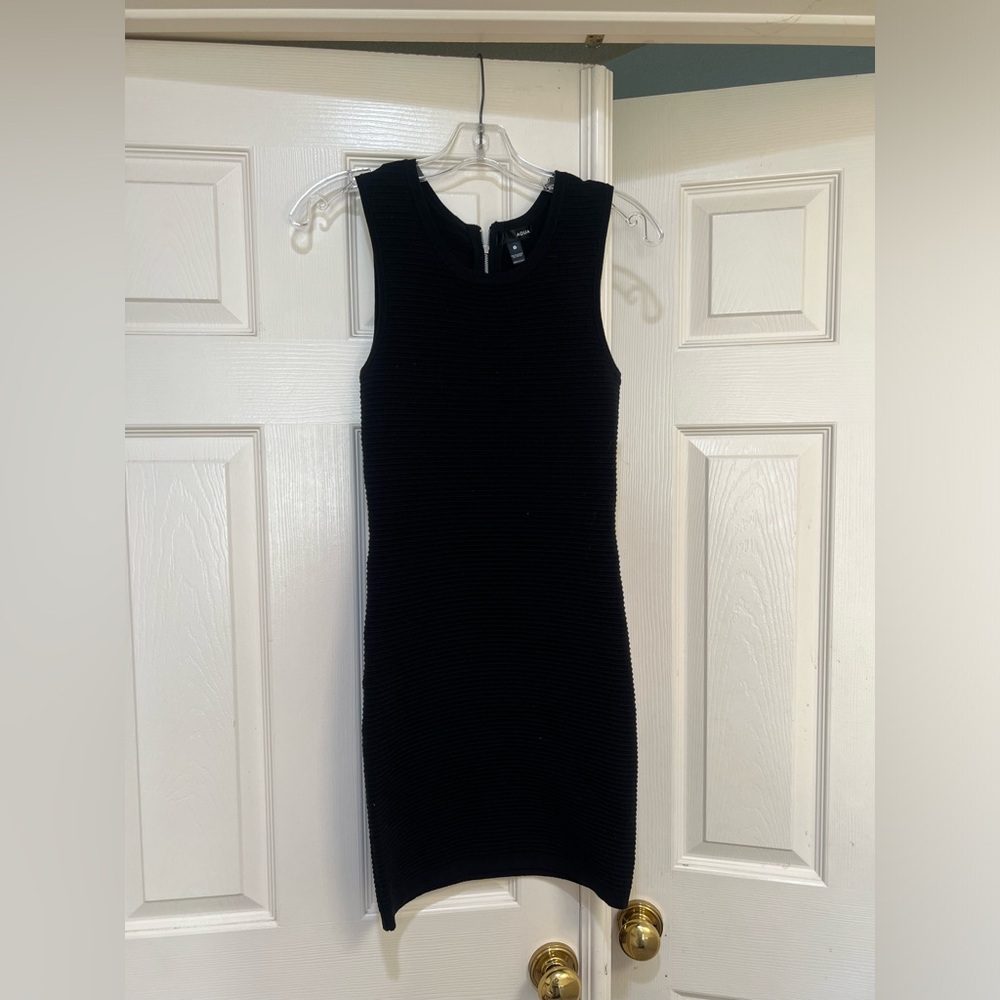 Aqua sleeveless Black Ribbed Knit Stretch Sweater MIDI dress LBD Work Office S